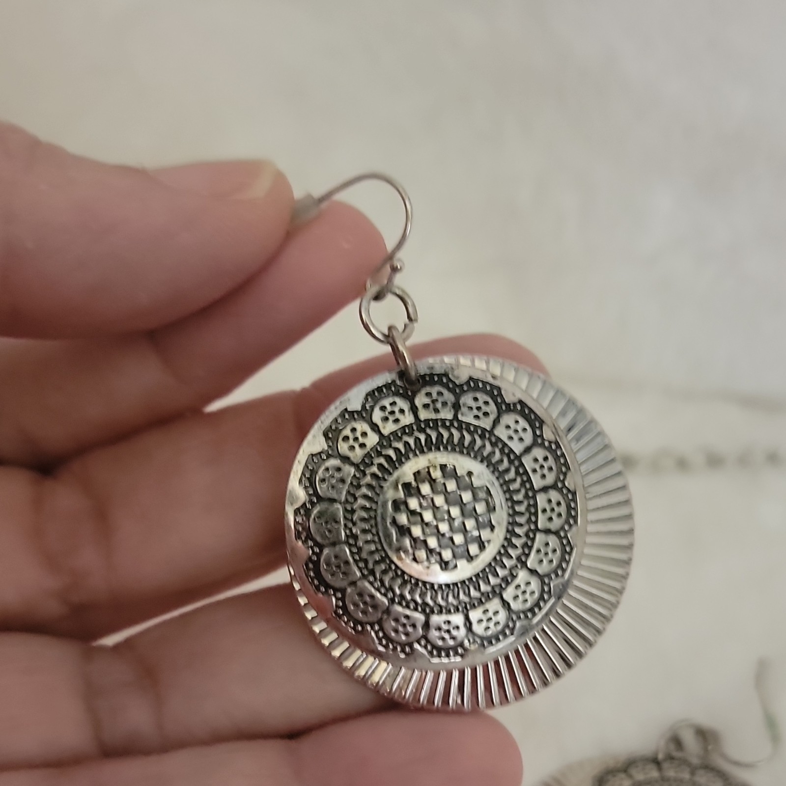 Silver Floral Medallion Embossed Charm Necklace with Matching Earrings