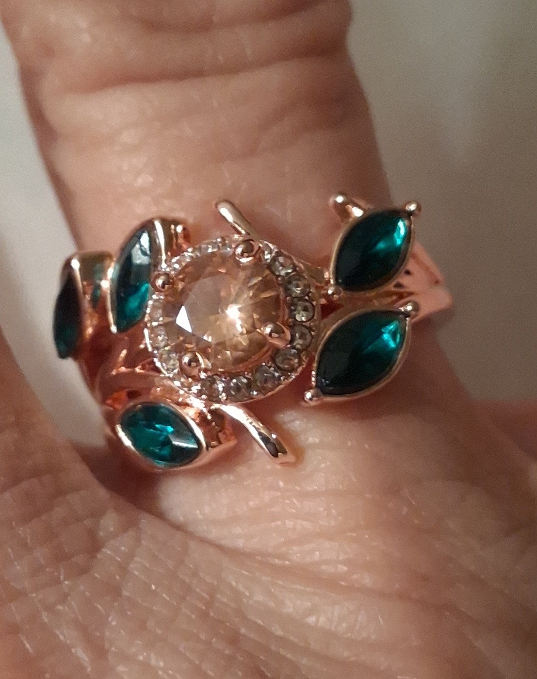 Rose Gold Tone Leaf Cocktail Ring Round Clear Rhinestone Prong Set Size 9