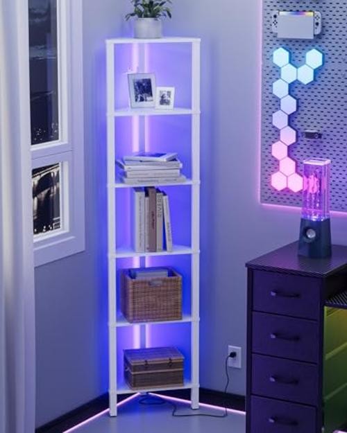 Corner Shelf with LED Light, 6-Tier Corner Bookshelf, 6-Tiers White With Lights