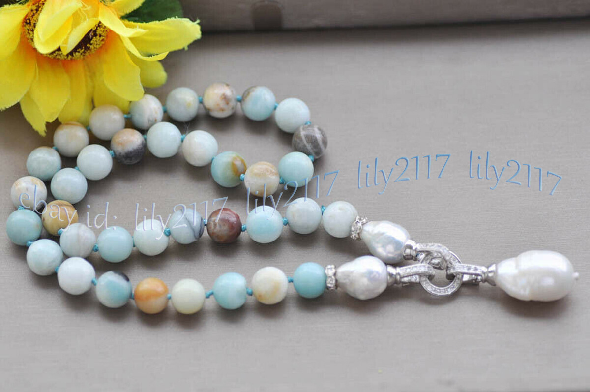 10mm Multicolor Amazonite Natural White Keshi Baroque Pearl Pendant Necklace
