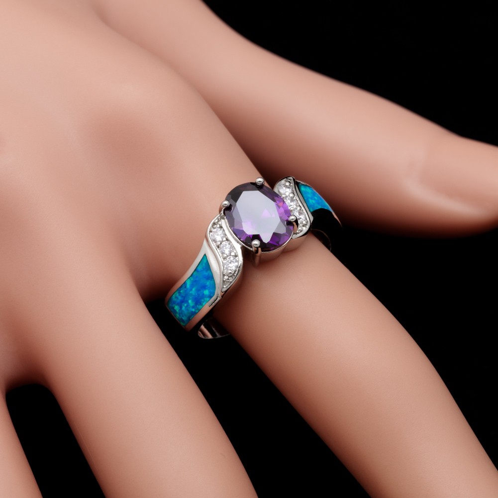 7×9 Simulated Amethyst Ocean Blue Opal Silver Jewelry Women Ring Size 7 8 9
