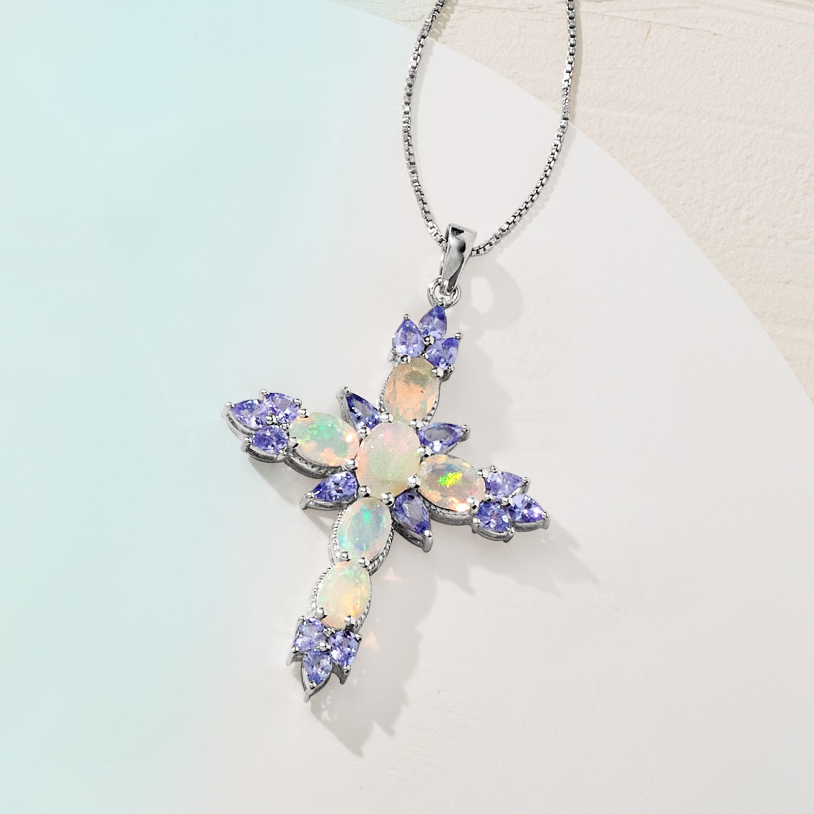 Ross-Simons Ethiopian Opal & Tanz Cross Ncklc in Silver
