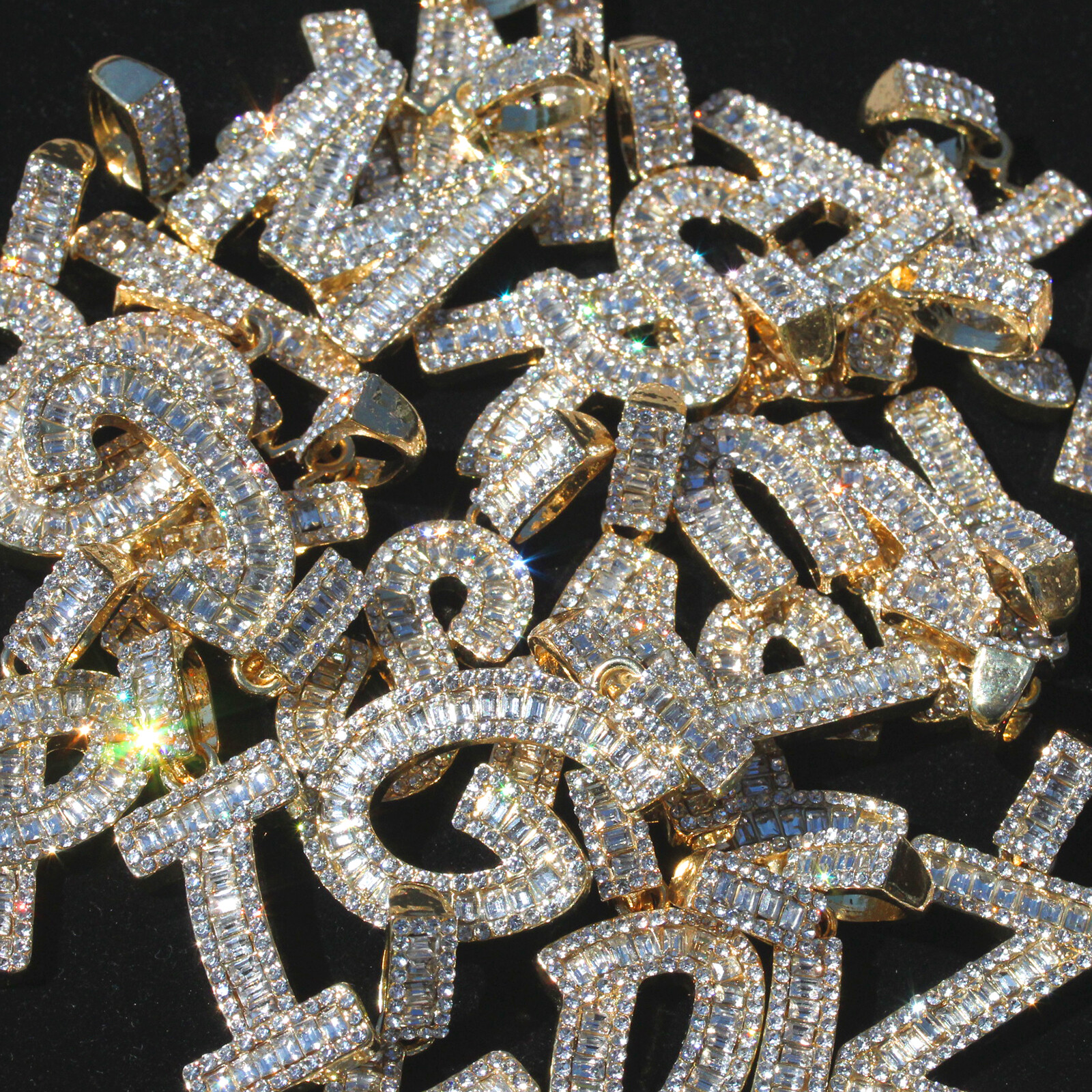 Initial Alphabet Letter Gold Plated Cut Pendant Cubic-Zirconia 24″ Rope Chain