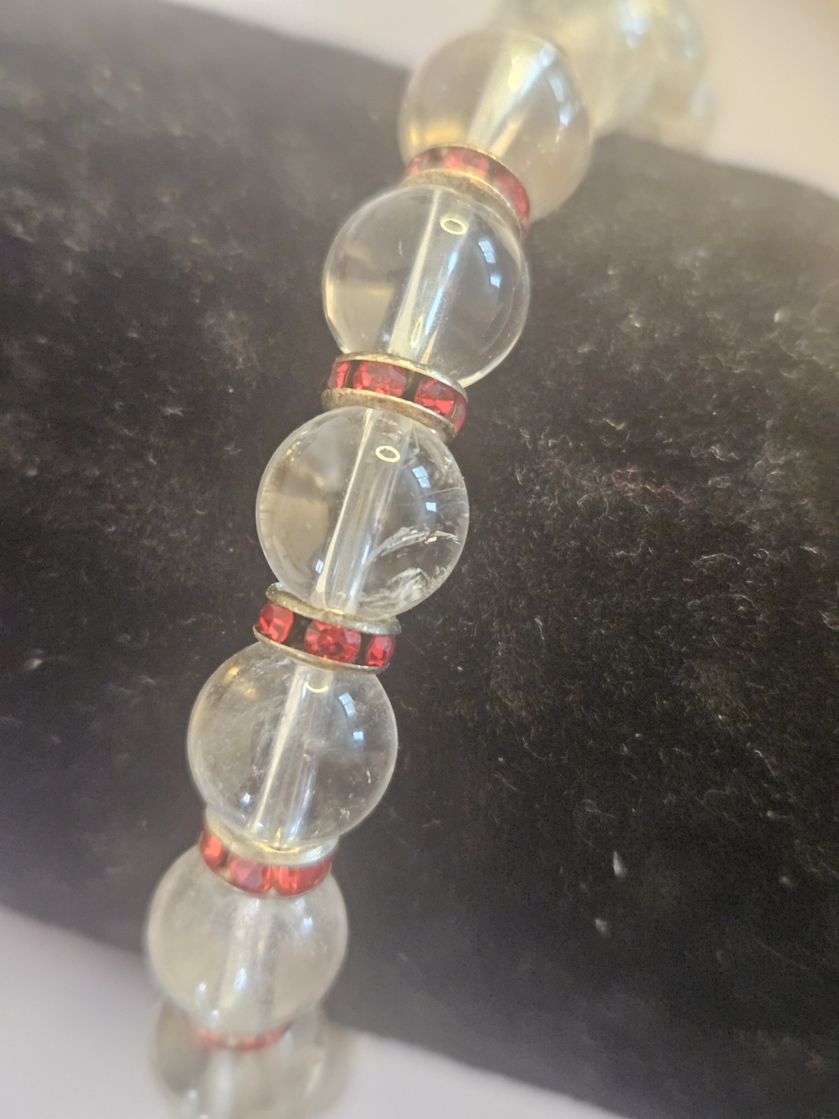Crystal Clear Quartz Round Beaded Stretch Bracelet w Red Rhinestone Spacer Rings