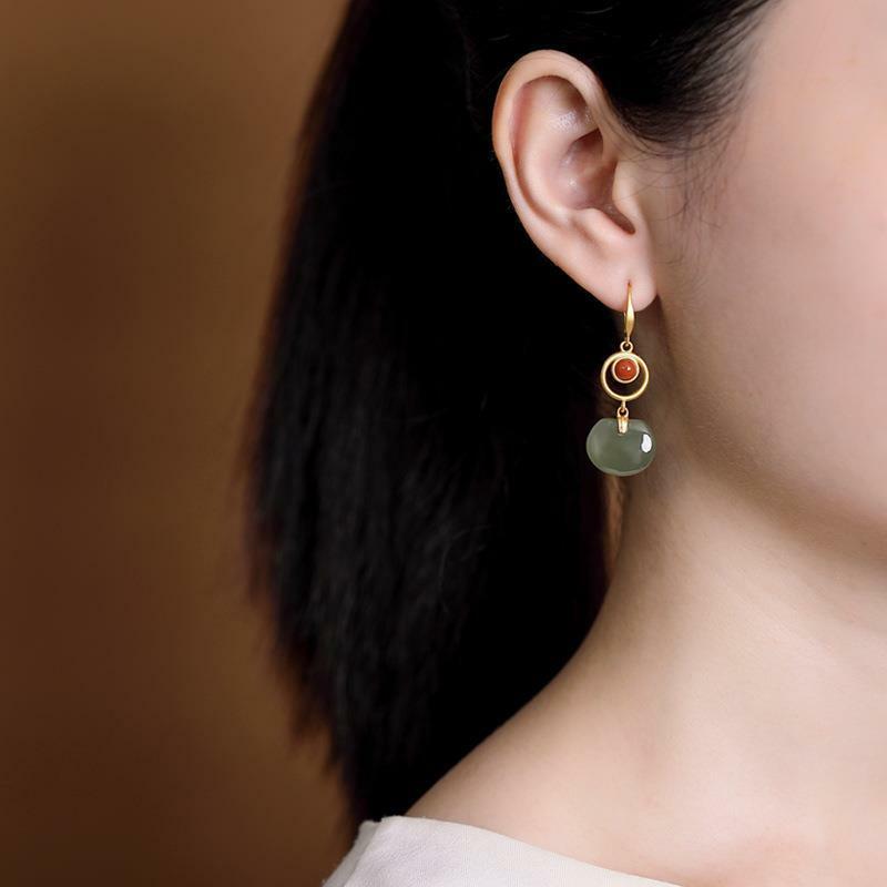 Natural Hetian Jade Hollow Earrings Chinese Retro Women Fashion Jewelry Amulet
