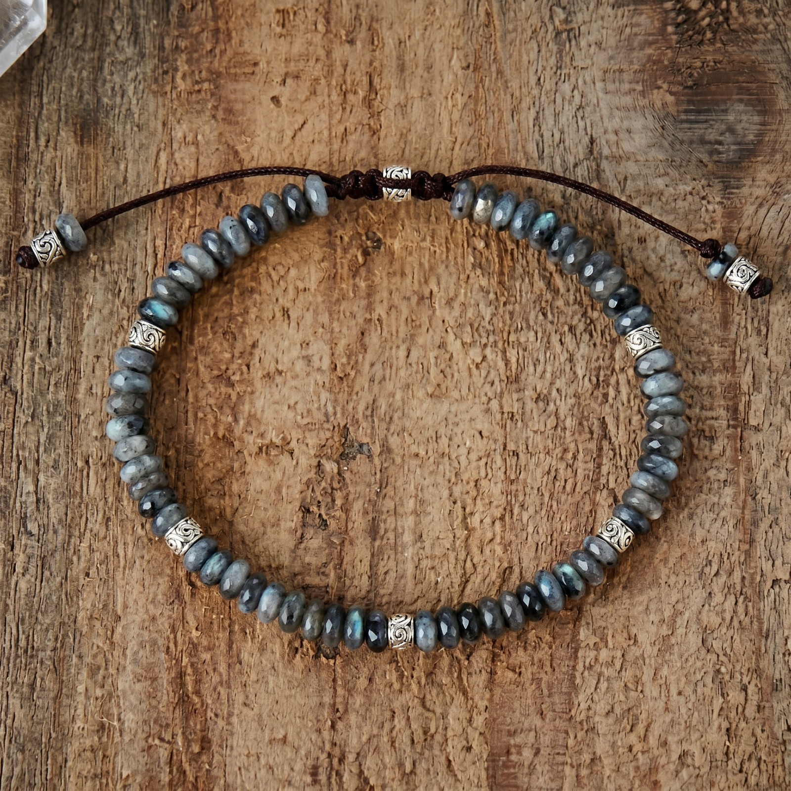 Natural Larvikite Bracelet Disc Bead Adjustable Macrame Protection Grounding