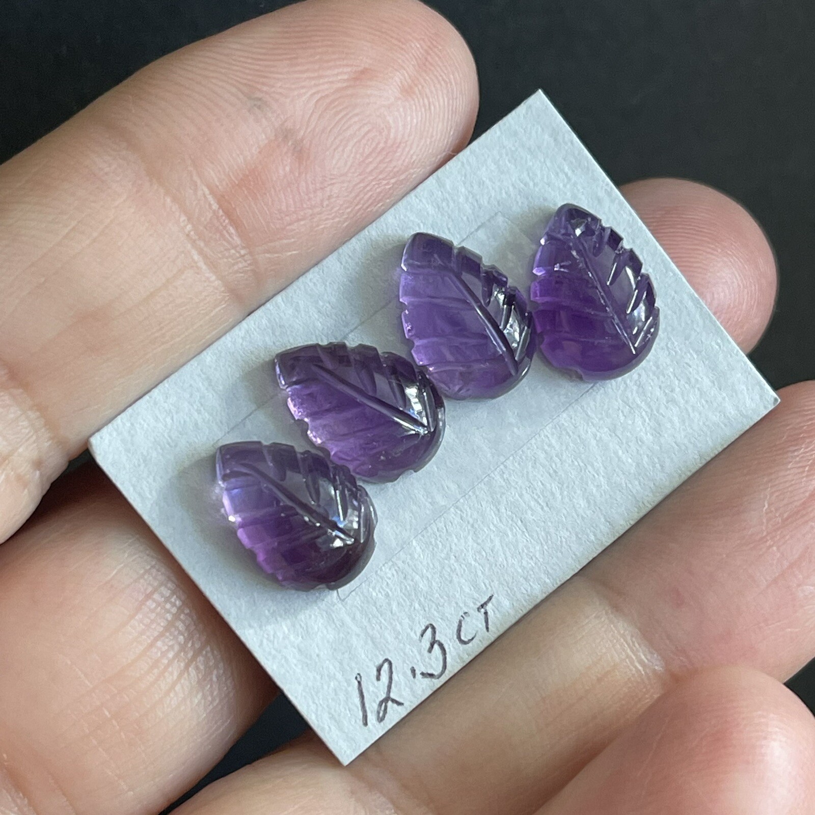12.3ct 12x8x5mm 4pc Lot Purple Leaf Carved Flat Back Amethyst Cabochons Gems