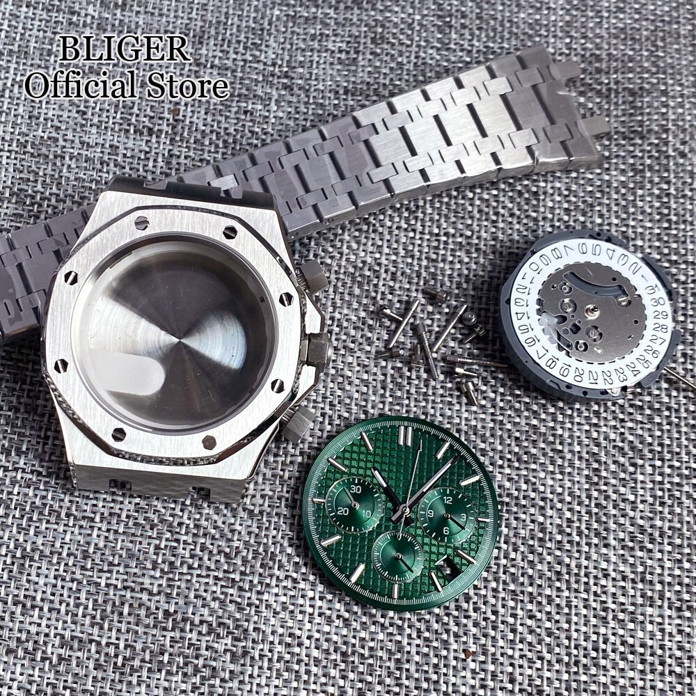 42mm Brushed Watch Case Bracelet 32.1mm Black Blue Dial Fit VK63 Quartz Sapphire