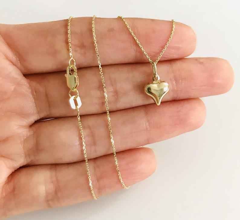 14K Real Gold 3D Heart 0.55″ Pendant, 14k Solid Gold 0.8mm Cable Chain- 14KC2905
