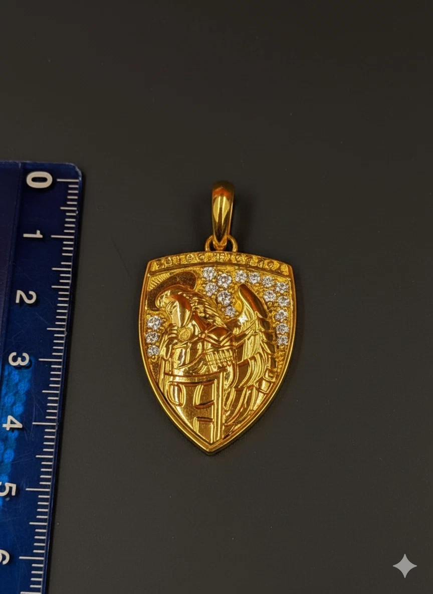 2.40Ct Round Cut Moissanite Saint Michael Shield Pendant 14K Yellow Gold Plated