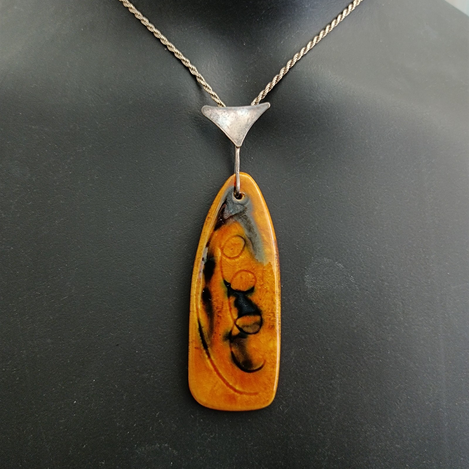 VTG Silver Modernist Israeli Enamel Necklace Abstract 60s 7Os Mustard Yellow 925