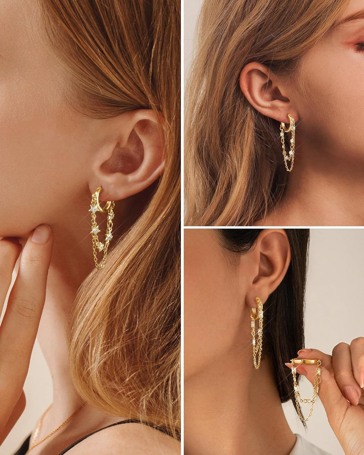 Tassel Chain Small Gold Hoop Dangle Earring for Women Huggie Earring Heart Star