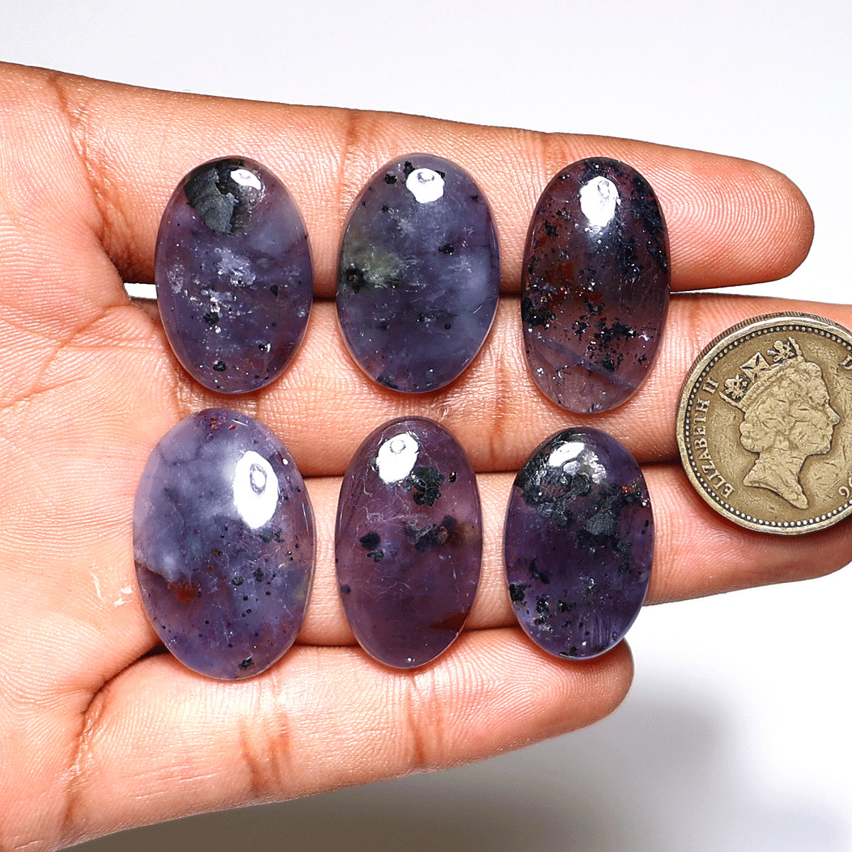 6 PC Violet Mist Iolite Cabochon Set– Indigo Stones w/ Hematite Flecks – 23-27mm