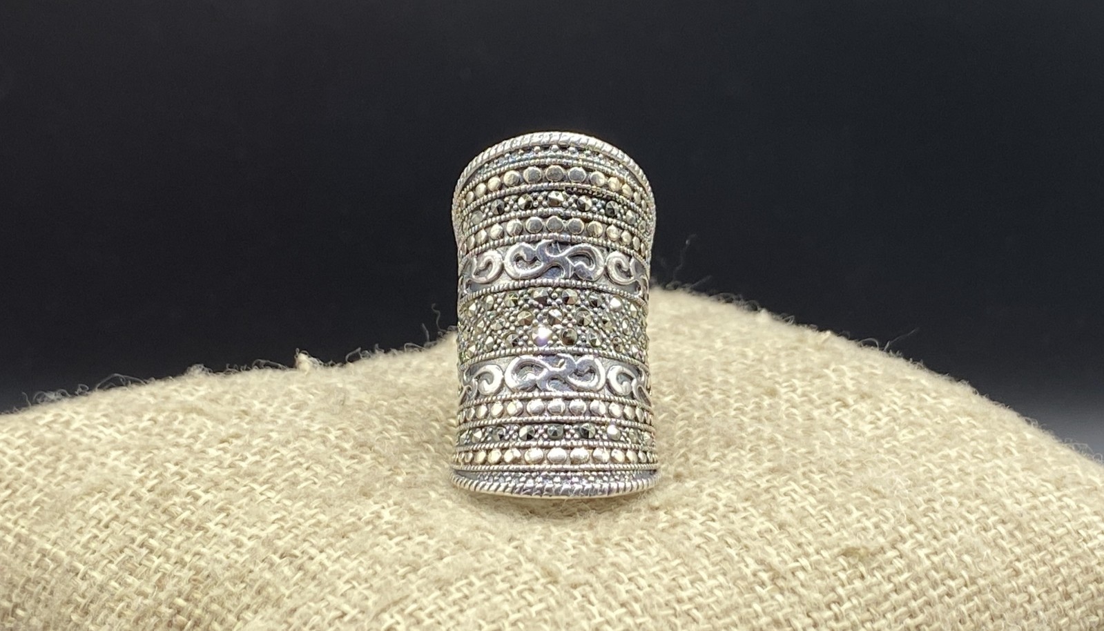 DESIGNER-Sterling Bali Style Tall Concave Marcasite Dotted Scroll Ring-SIZE 6