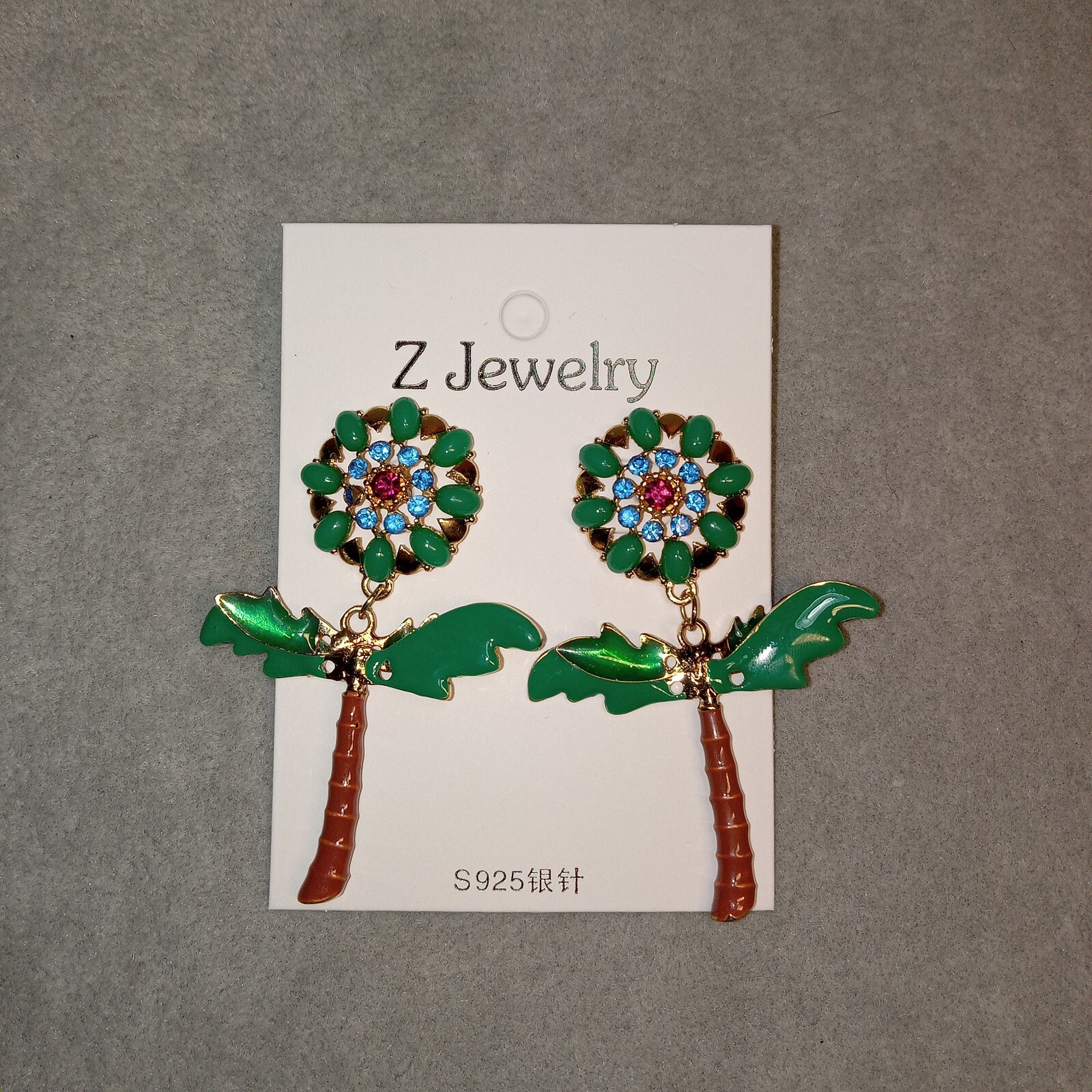 Palm Tree Flowe Jewelry Stateme Earrings Rhinestone Enamel Unique Rare Tropical