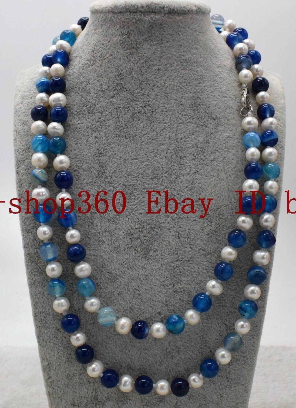 Long 36 Inch 7-8mm Genuine White Pearl & 8mm Blue Striped Agate Necklace