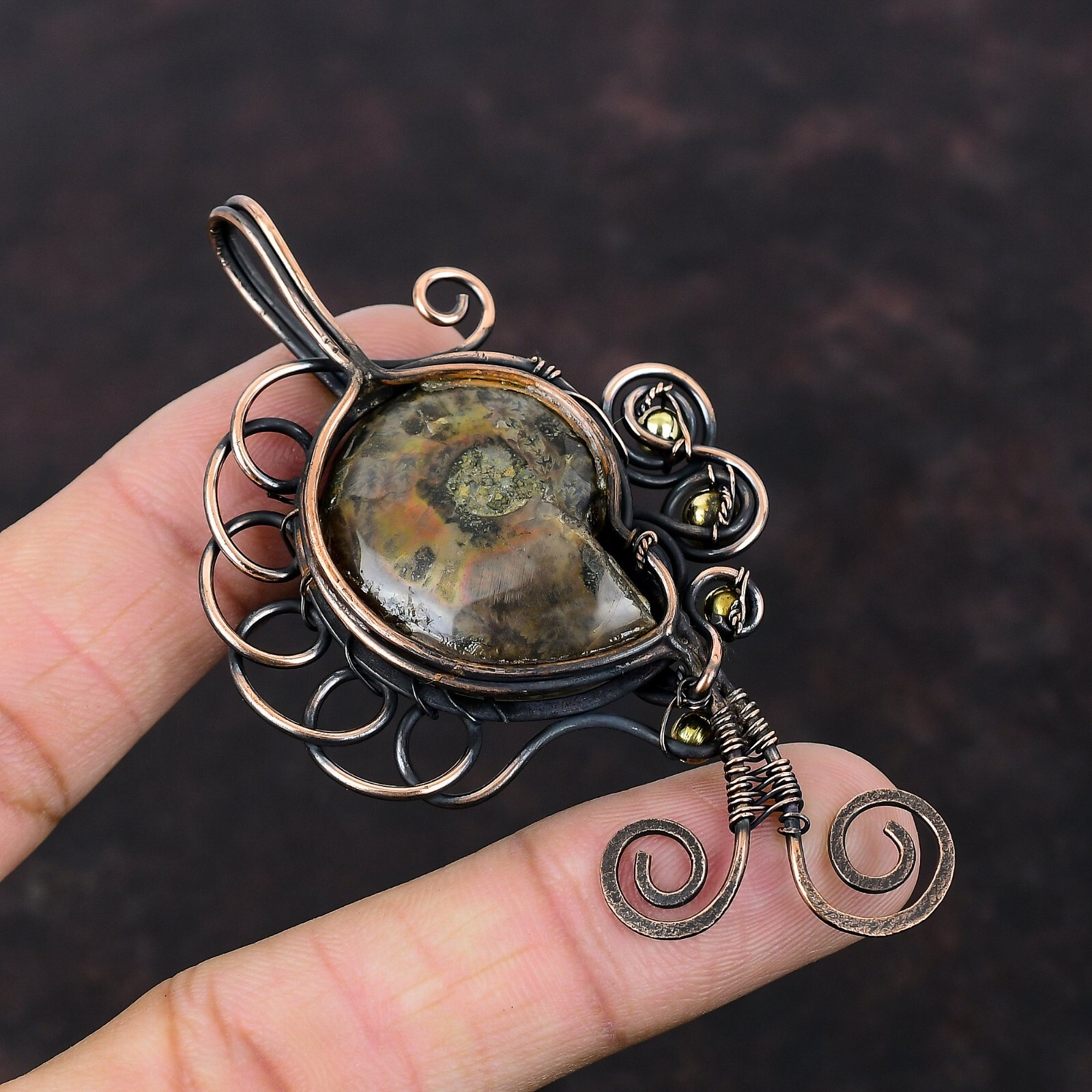 Ammonite Fossil Wire Wrapped Pendant Handcrafted Copper Unique Gift 3.23″