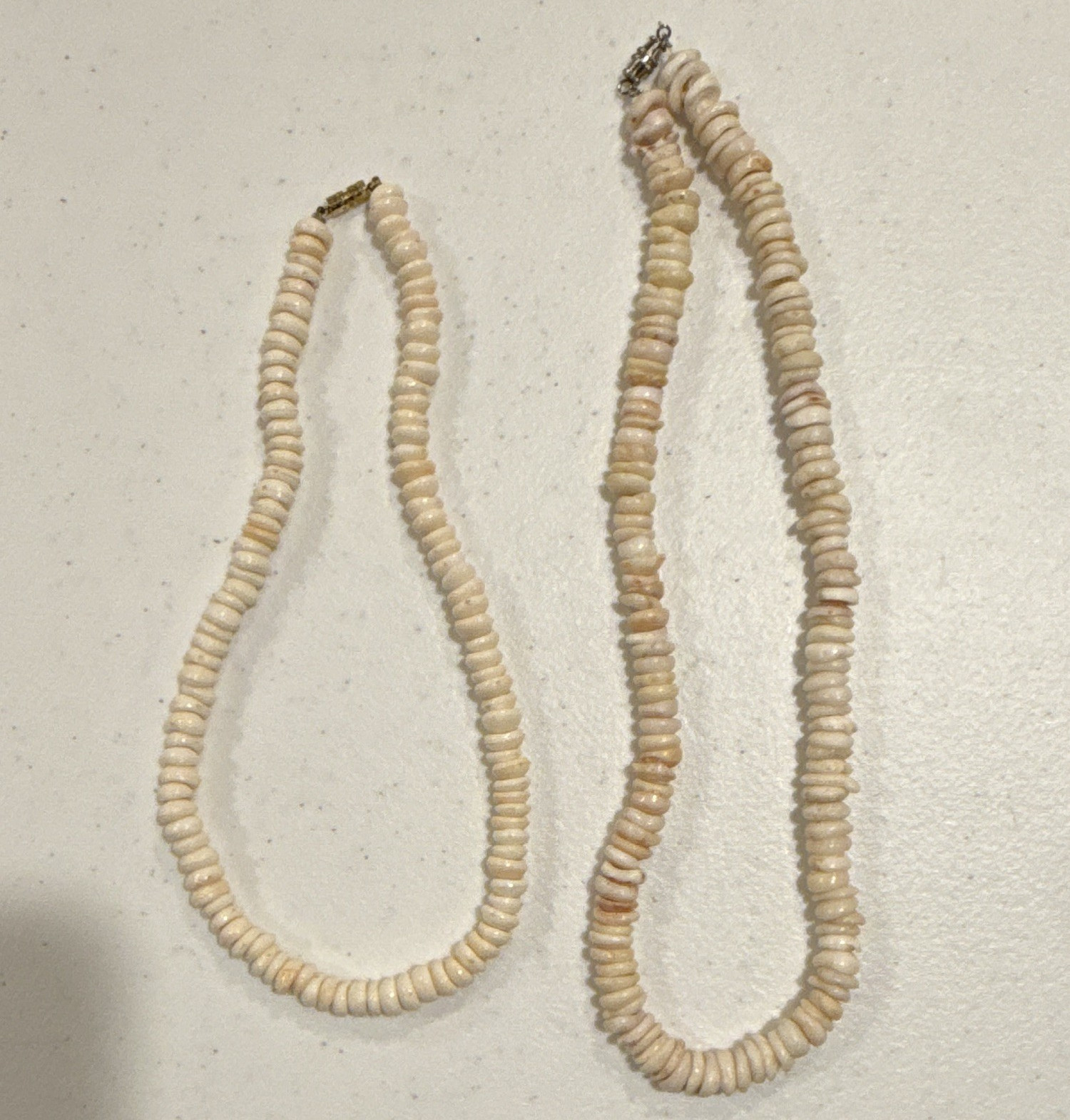 Beige Shell Heishi Beaded Necklace Lot of 2 – Barrel Clasp Ball/Bead Chain