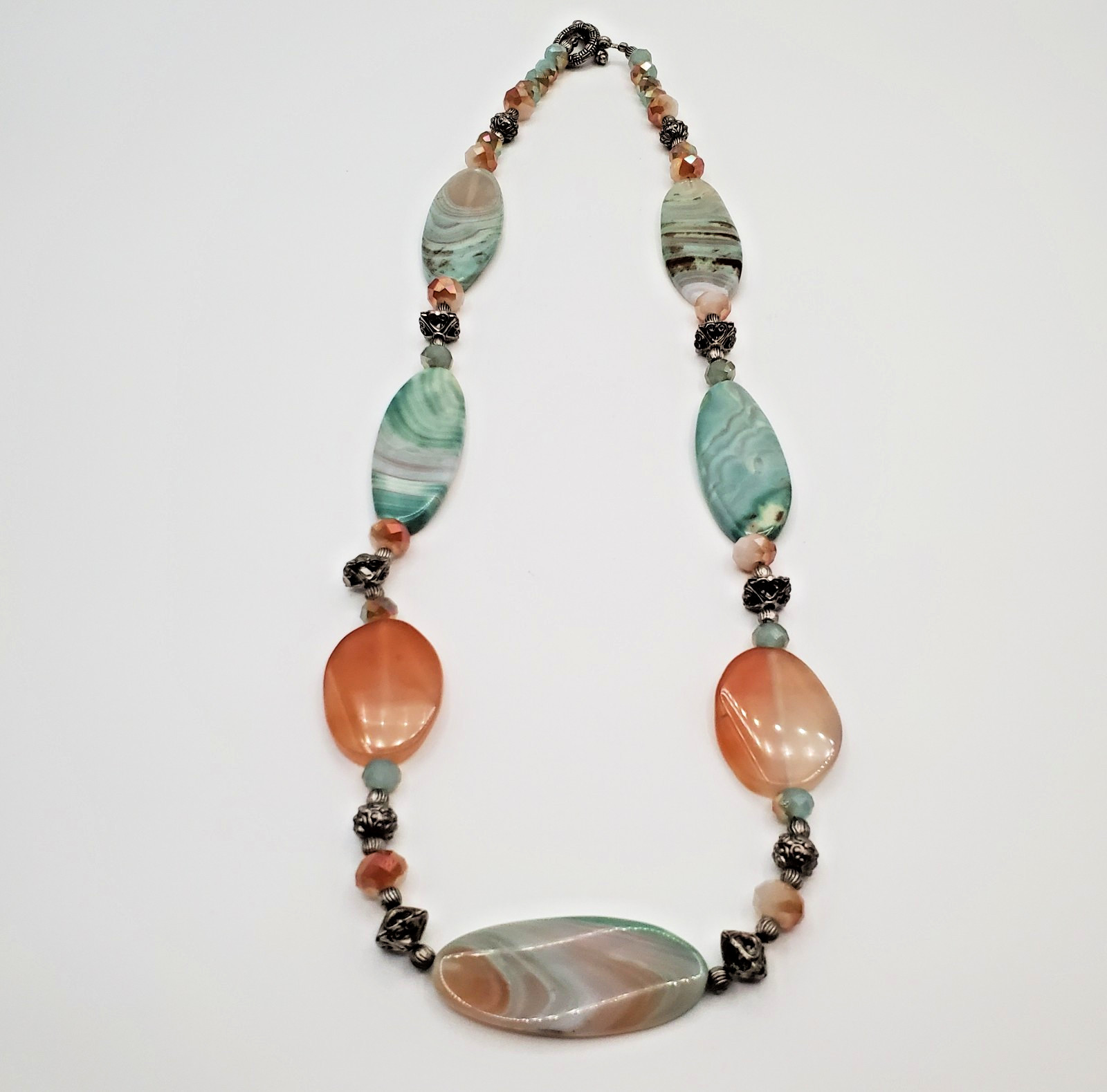 Banded Agate Stone Necklace 32in Peach Aqua Green Brown Polished Natural Beads