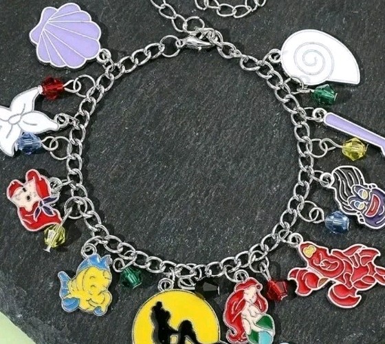 Little Mermaid Charm Bracelet And Necklace Set.Enamel Silvertone All Ages