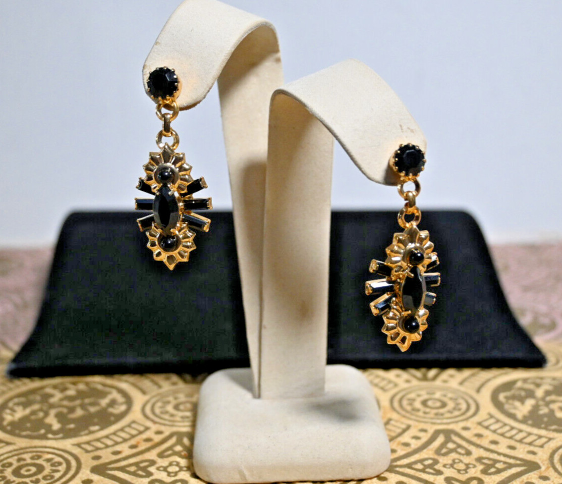 $250 ELIZABETH COLE Jet Crystal Art Deco Drop Marquise Shaped Pierced Earrings