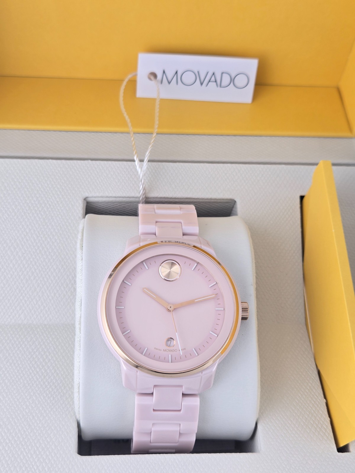 Movado Bold Verso Women’s Blush Dial Ceramic Swiss Watch – 3600935 ($895 MSRP)