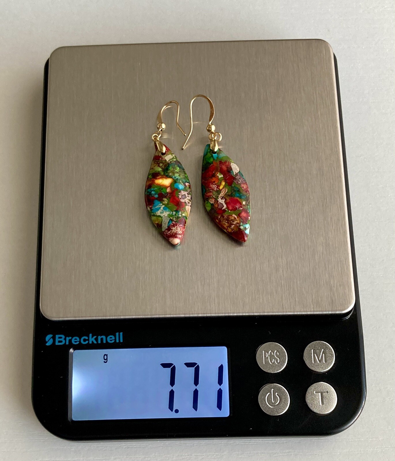 Jasper Stone Natural Imperial Leaf Dangle Drop Multicolor Earrings 7.71g Ladies