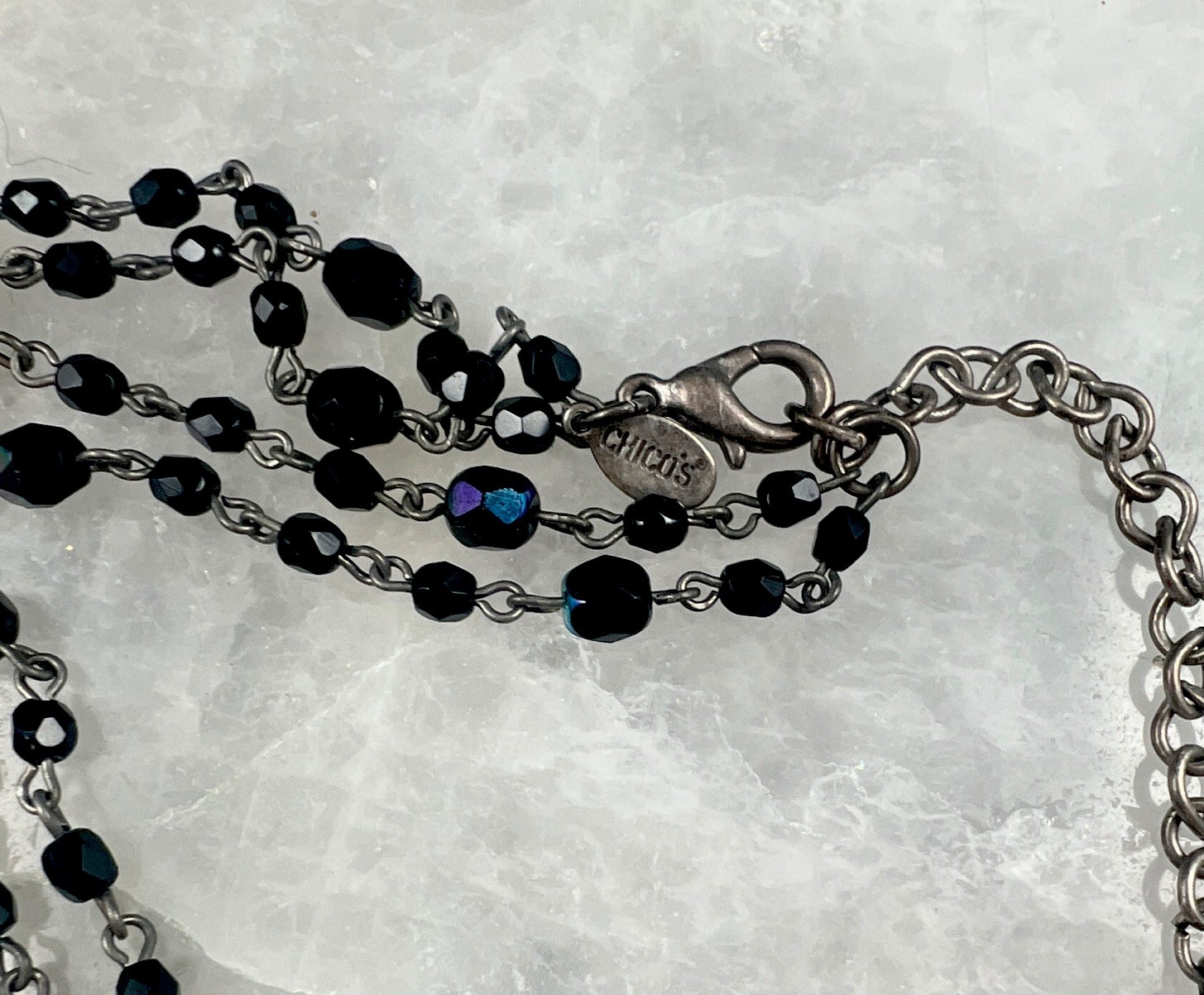 Chico’s Aurora Borealis Iridescent Beaded Multi-Strand Necklace Silver Tone