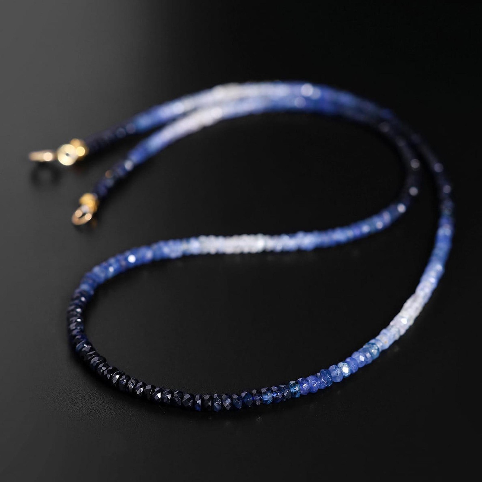 18K Gold Ombre Sapphire Choker, Gradient Blue Beaded Necklace, Gift for Her