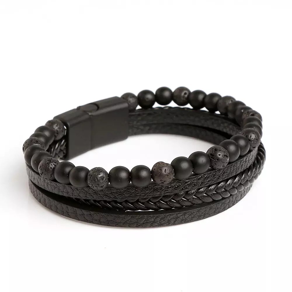 Men’s Layered Braided Leather Beaded Bracelet With Tiger Eye Natural Stone US