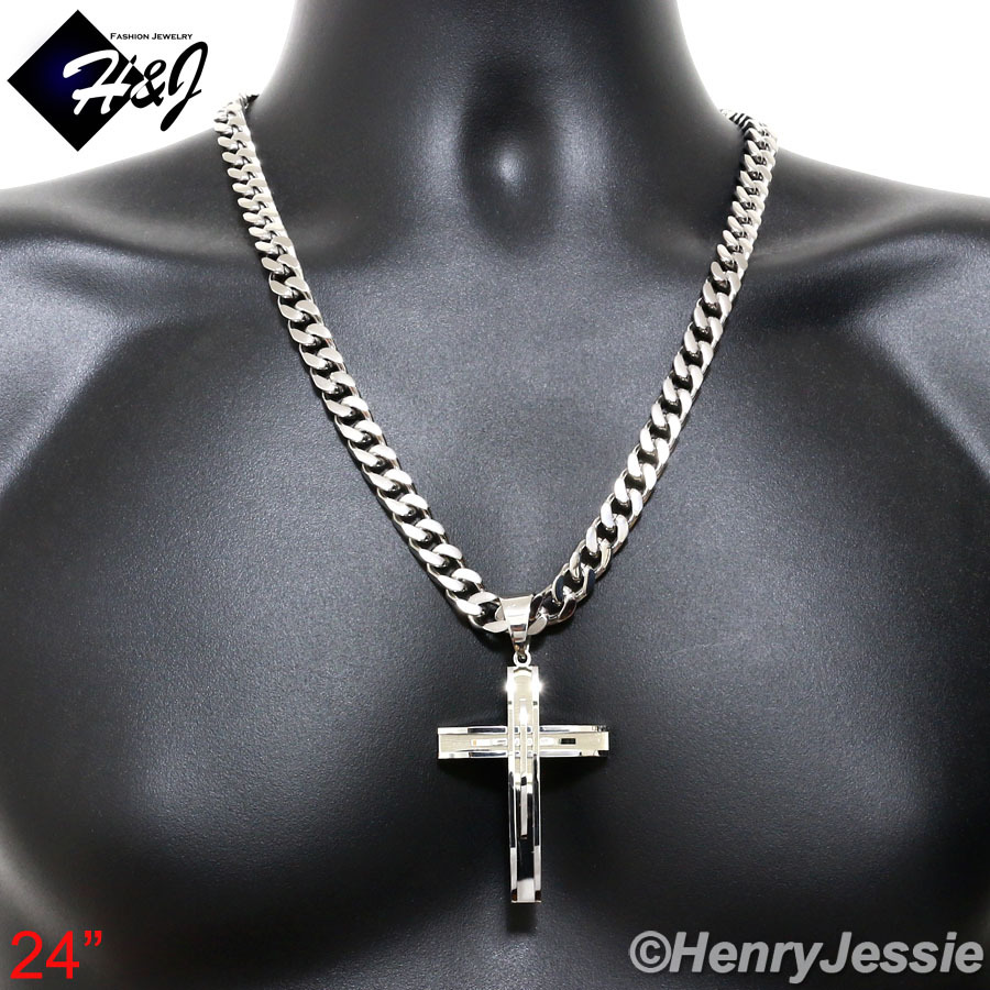 18″-40″MEN Stainless Steel 9mm Silver Cuban Curb Chain Necklace Cross Pendant*A