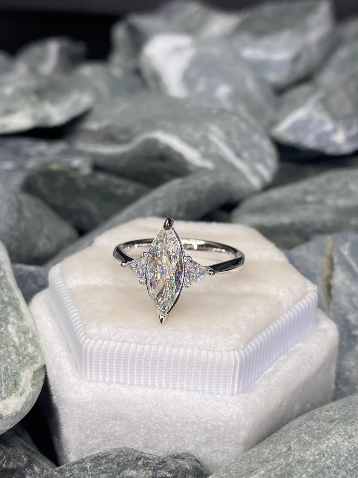 2 CT Marquise Cut Moissanite Three Stone Engagement Ring 14K White Gold Plated