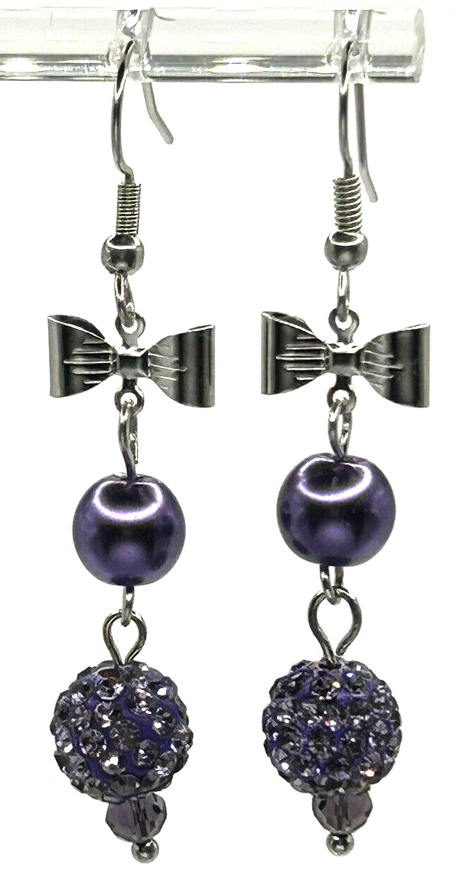 Purple Glass Pearls & Pave Crystals With Bows Beaded Dangle Drop Earrings