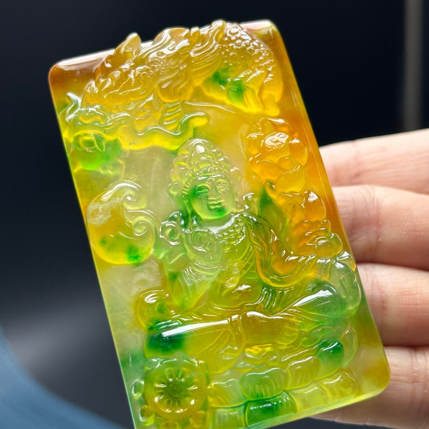 NaturalA+++ Ice Green&Yellow Jade Jadeite Dragon Kwanyin Pendant&Necklaces 御龙观音