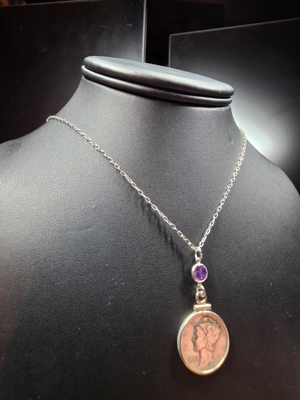 Vintage Mercury Dime Necklace in Sterling Silver 925 / Coin & Amethyst CZ stone