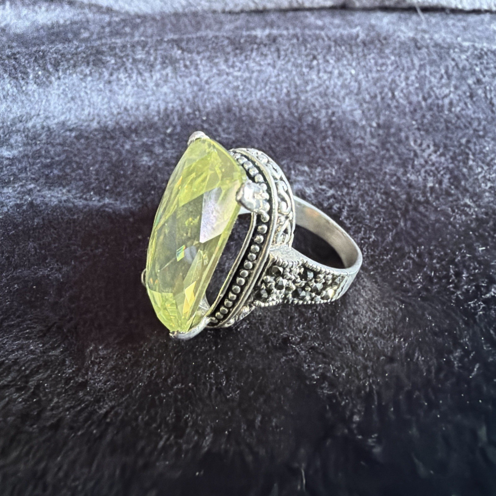 Vtg Sterling Silver Ring .925 Sz 7.5 Marquis PALE Yellow Stone Cocktail Coquette