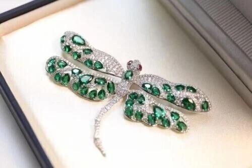 6Ct Pear Cut Lab Created Emerald Women’s Brooch Pin 14K White Gold Plated Silver