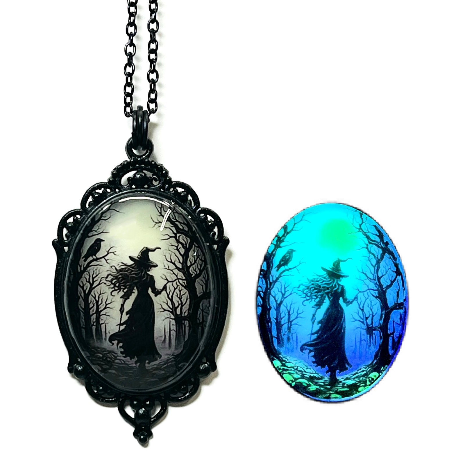 Witch in the Forest Lime Aqua Blue & Purple/Violet Glow in the Dark Necklace