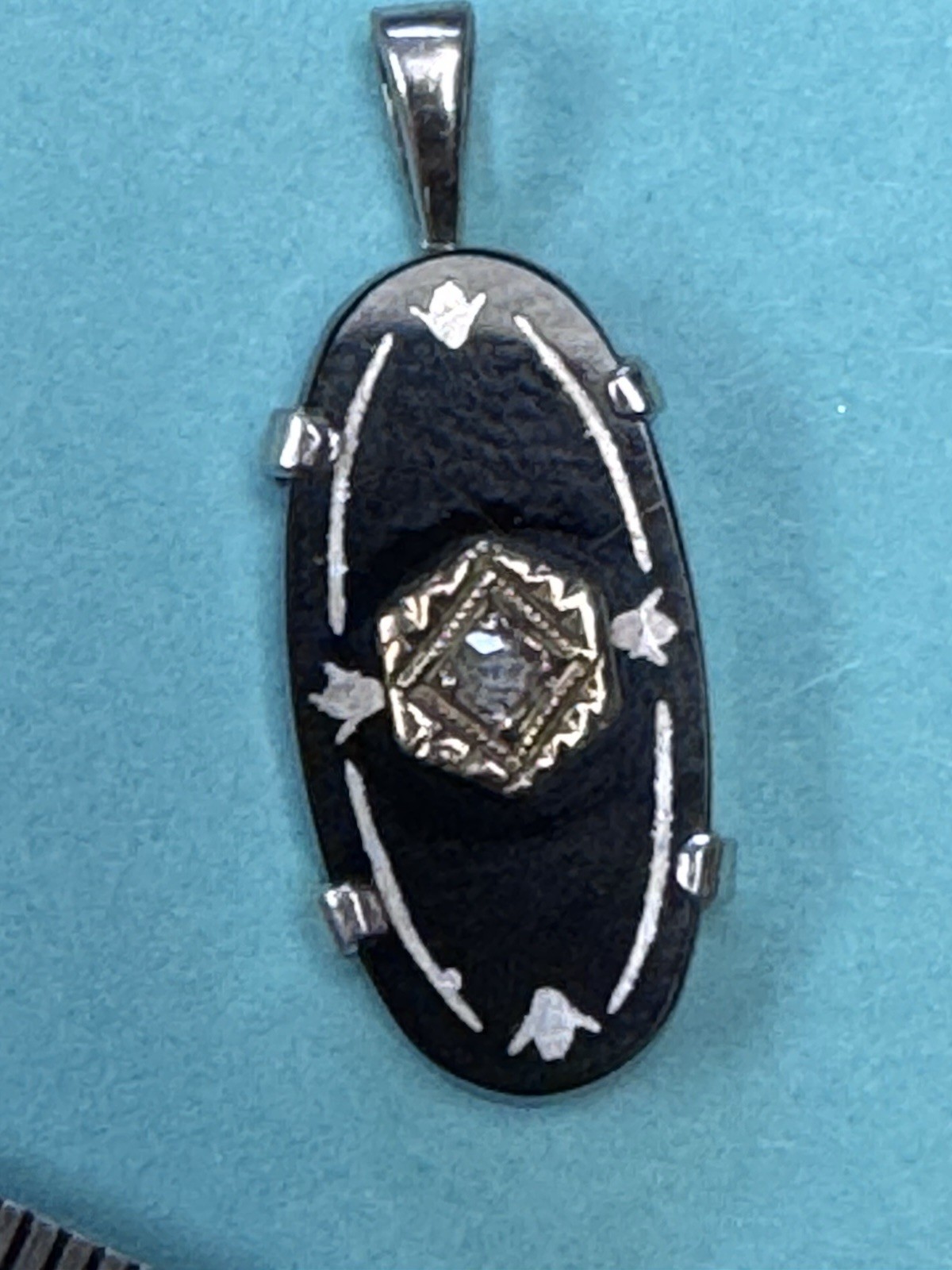 14k White Gold Mourning Pendant Victorian Edwardian Black Glass? Jet? Diamond
