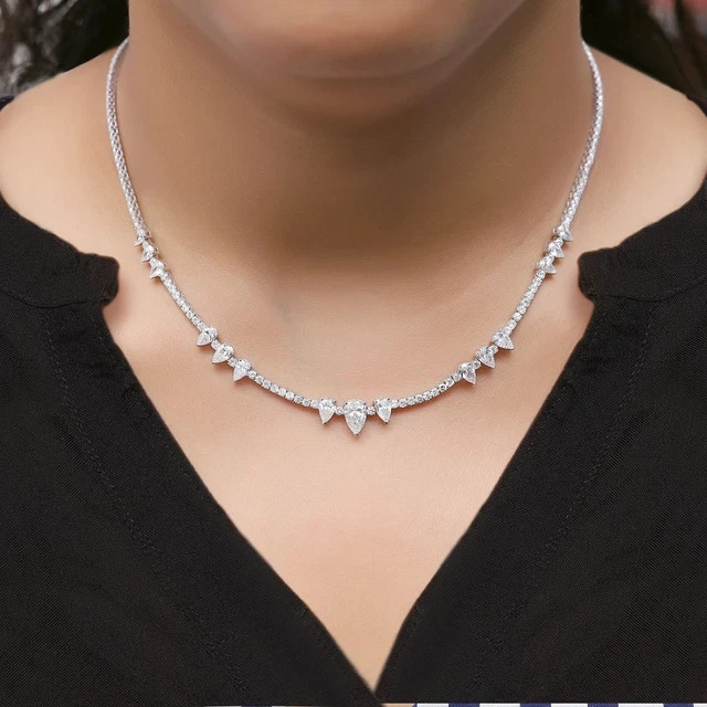 9.60 Ct Round & Pear Cut Moissanite Tennis Chain 18″ Necklace 14k WG Plated