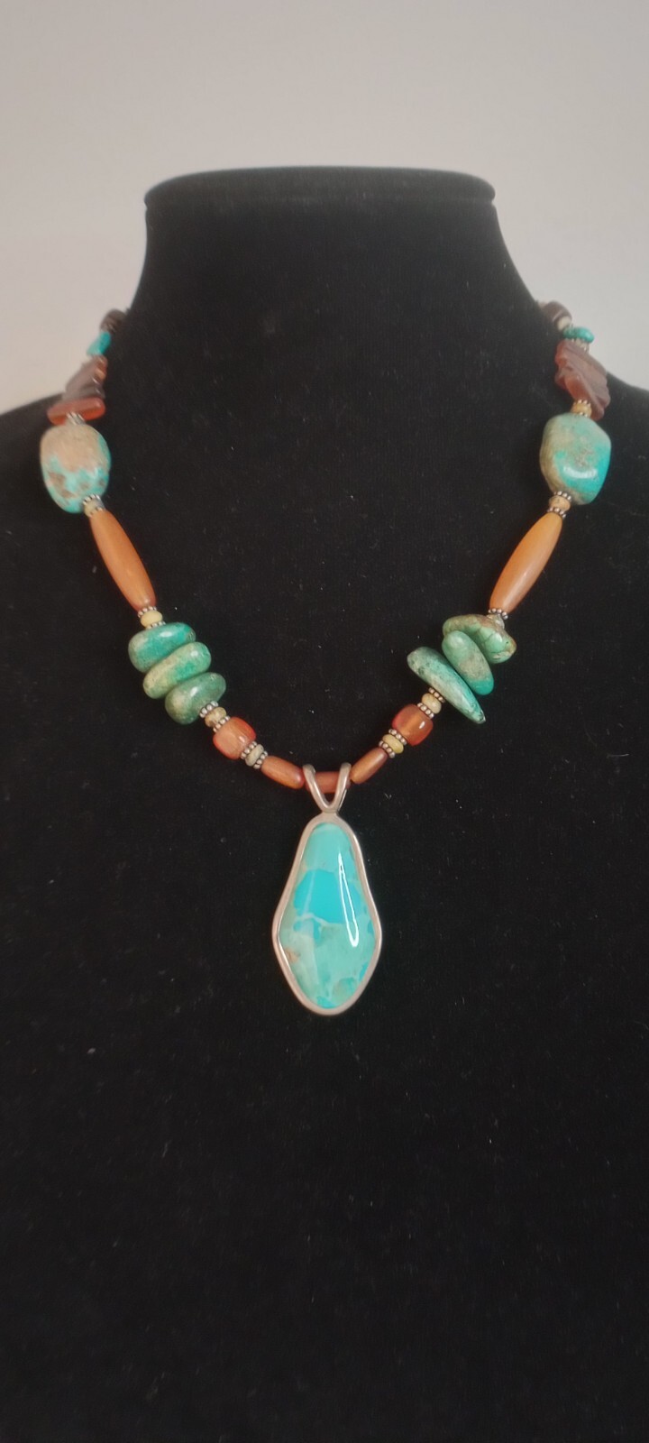Signed BARSE .925 Sterling Silver Turquoise & Amber Necklace 52.55 Grams 18″ L