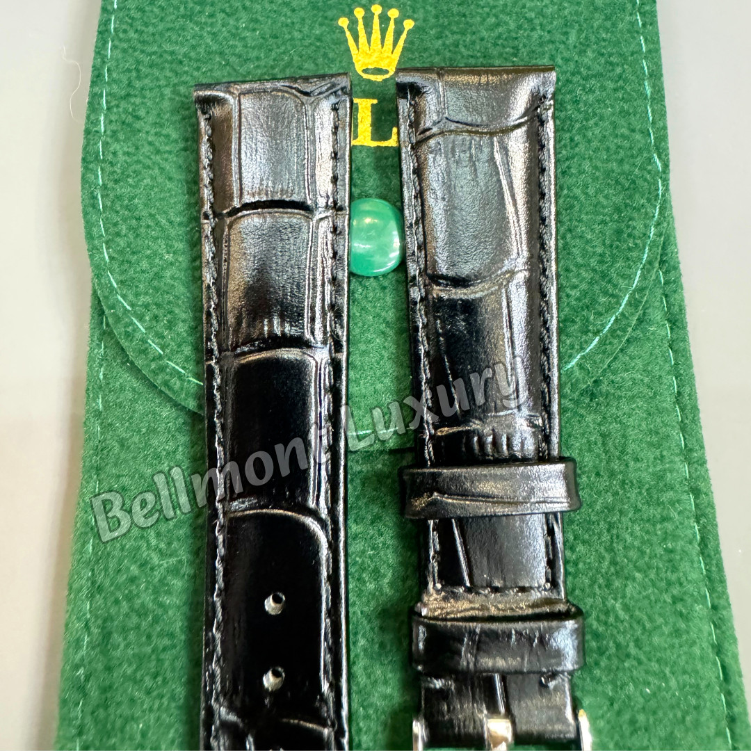 ROLEX Vintage Black Leather Watch Strap 20-16mm Silver Buckle NOS Rare
