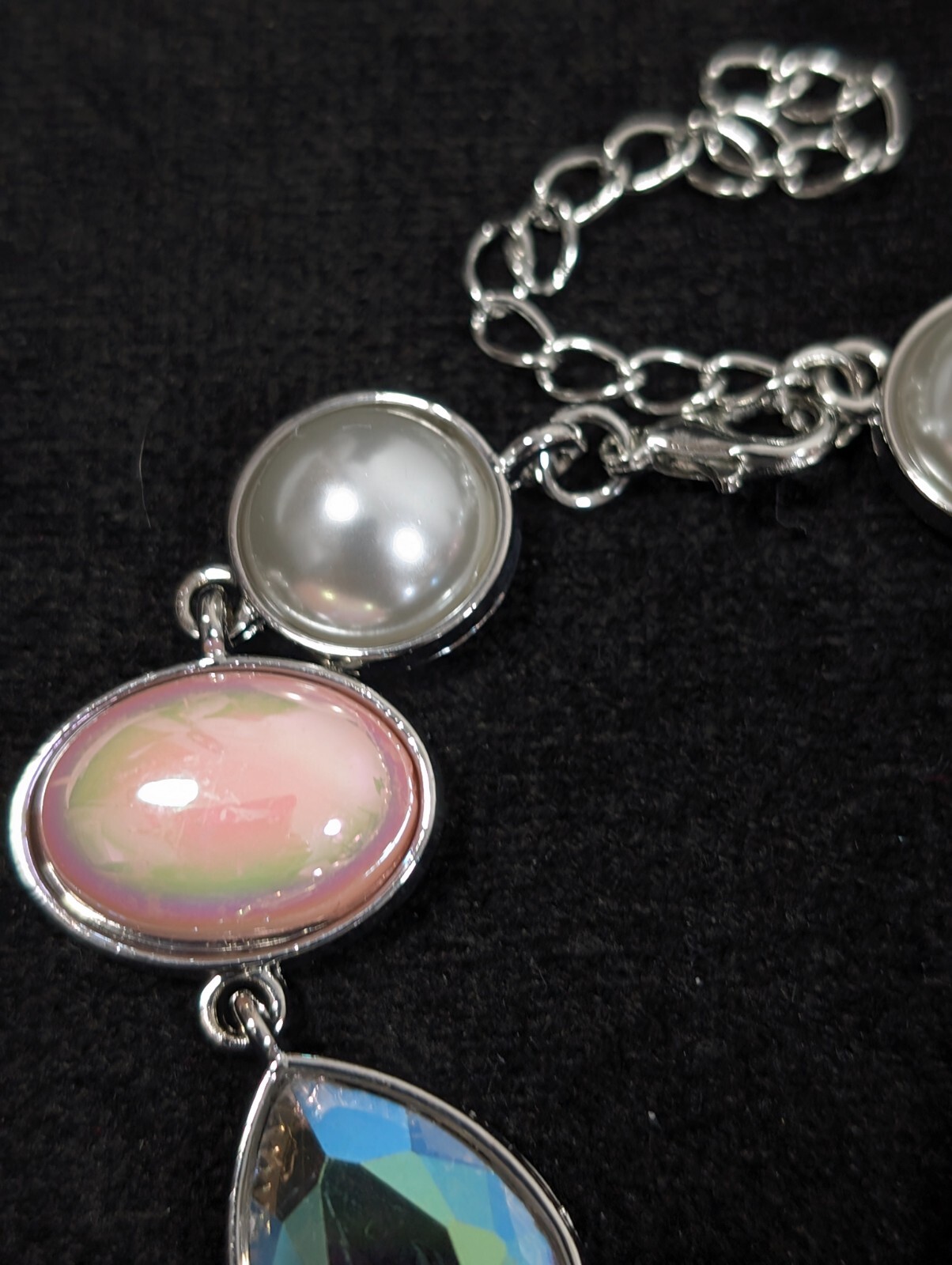 Silver Tone Pink Iridescent AB Crystal Faux Pearl Bezel Tennis Bracelet 9 in