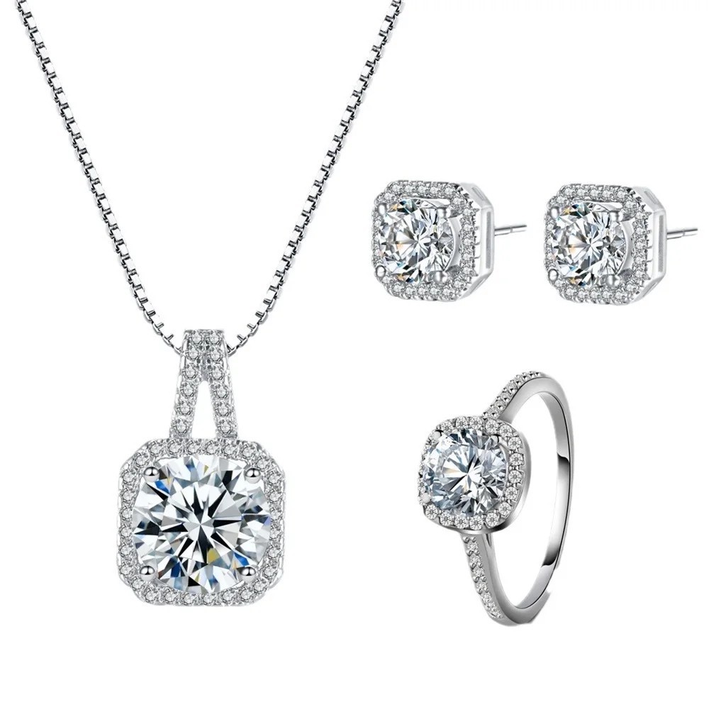 3PCS CZ Stone Jewelry Set Necklace Earrings Ring Silver Tone Women Gift
