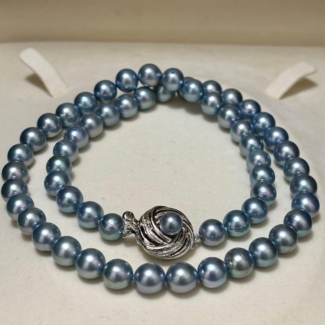 EXCELLENT AKOYA PEARL NECKLACE 7.0-7.5MM BLUE GREY 43CM SILVER FROM JAPAN
