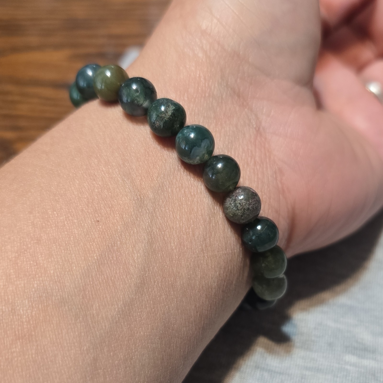 Moss Agate Round Gemstone Beaded Stretch Bracelet No Clasp