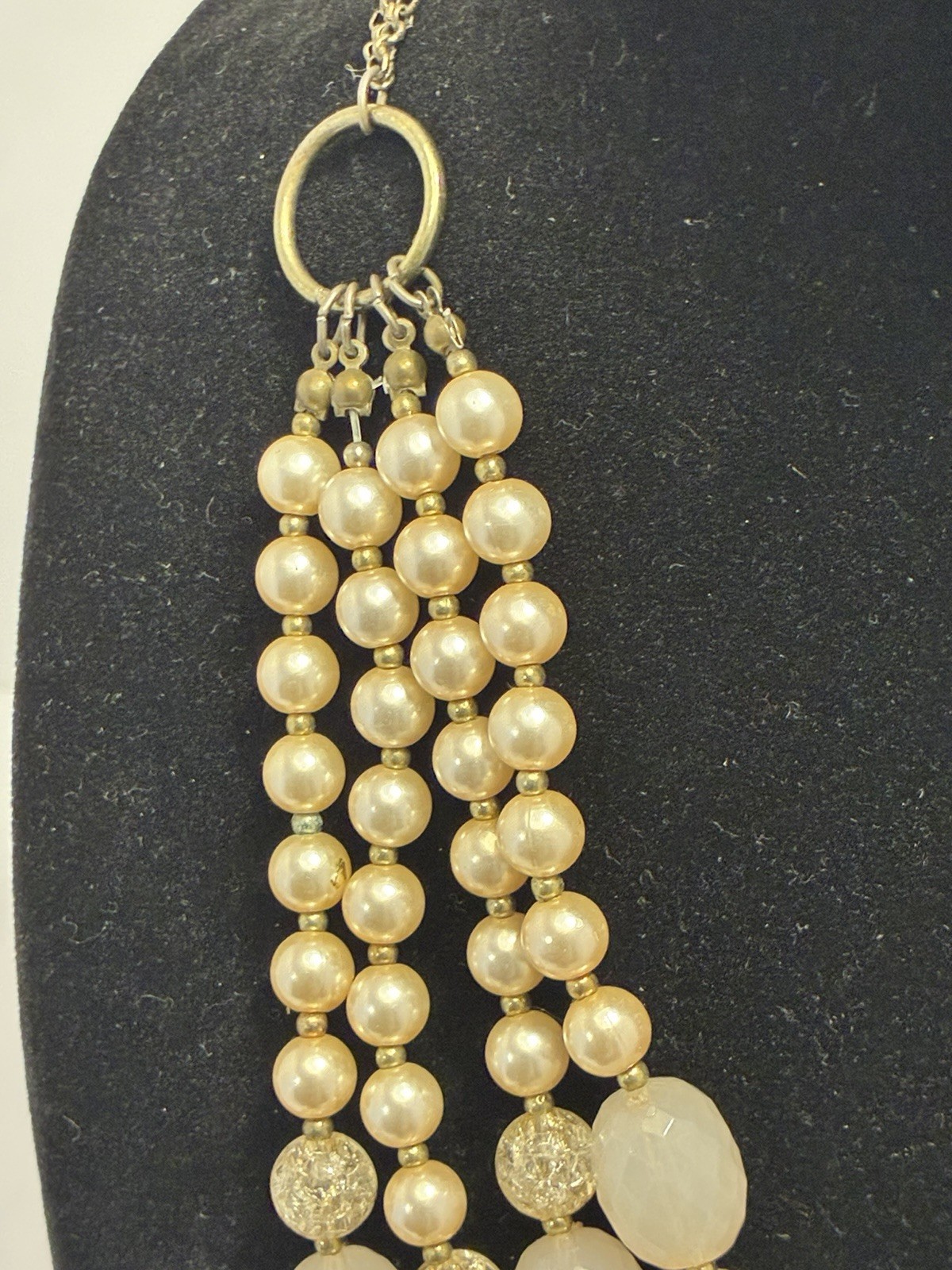 Chunky Multi Strand Statement Necklace Pink Faux Pearl Acrylic Bead Bib Bronze