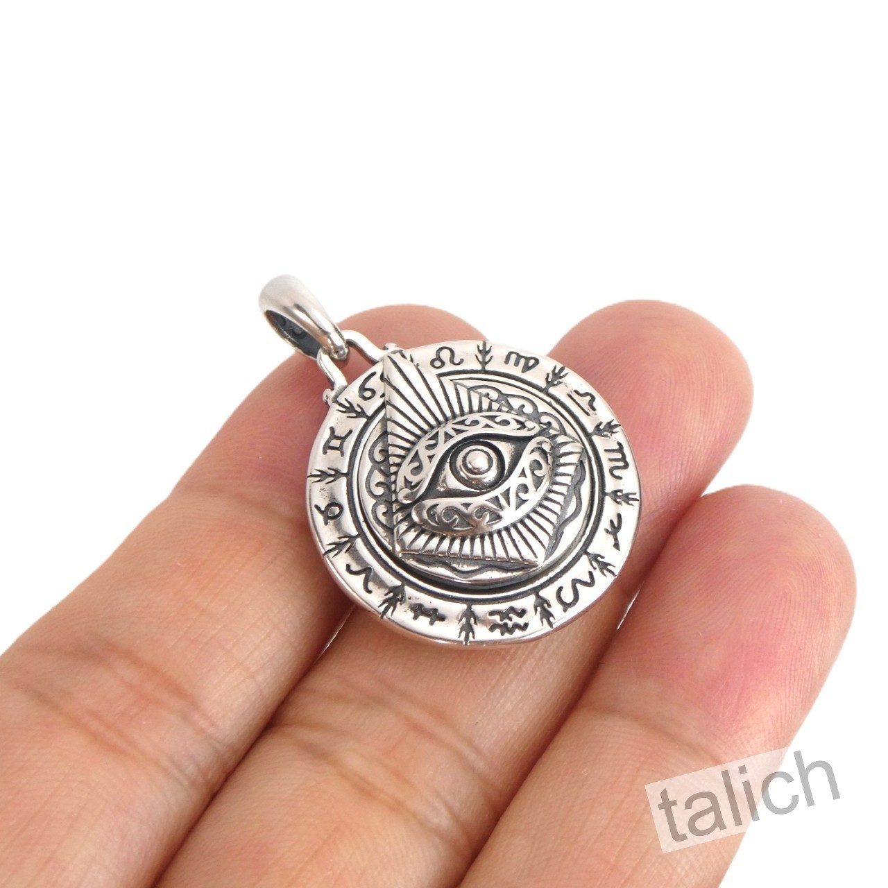 925 Sterling Silver Astrology Zodiac Disc Amulet Pendant All Seeing Eye Spinner