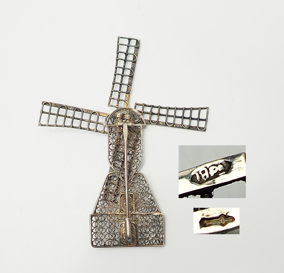 Large antique filigree sterling silver articulated Windmill pin The Netherlands