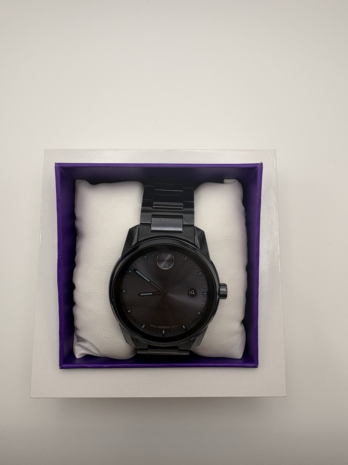 Movado Bold 44mm Black Dial Black SS Bracelet Quartz Date 30m Box Papers